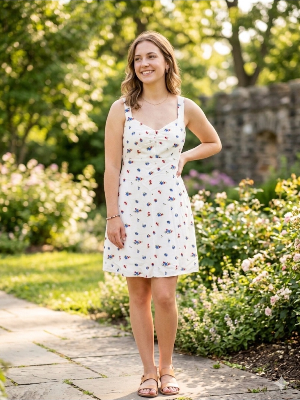 NWT Old Navy Floral Mini Dress Sz L White Cottagecore Smocked Sundress Milkmaid